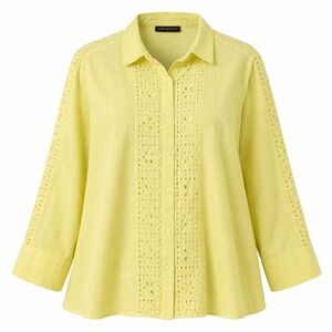 Lane Bryant Button Down Shirt Women 16 Yellow Eyelet Cotton Boho Long Sleeve Top